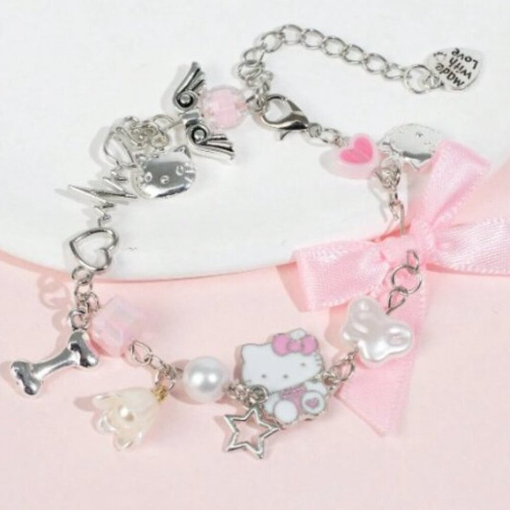 HELLO KITTY‎ Pink, Pearl & Pink Bow Charm Bracelet (BRAND-NEW & SO CUTE!)